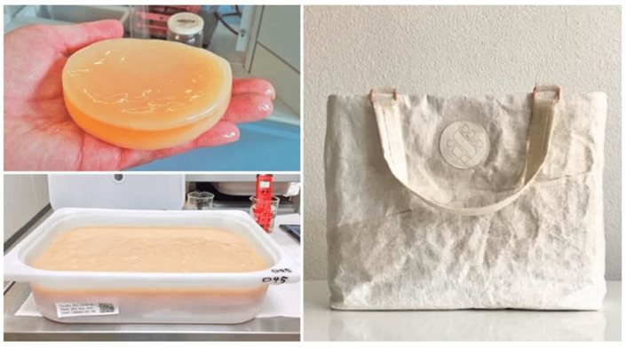 Unprocessed bacterial cellulose (left) and a bag made from the material (right).
